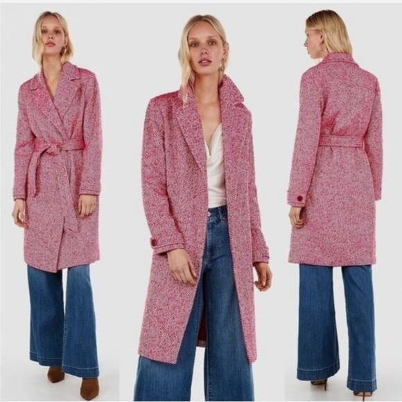 Express Jackets & Blazers - Express pink white tweed long belted car coat Chic size small open front wool